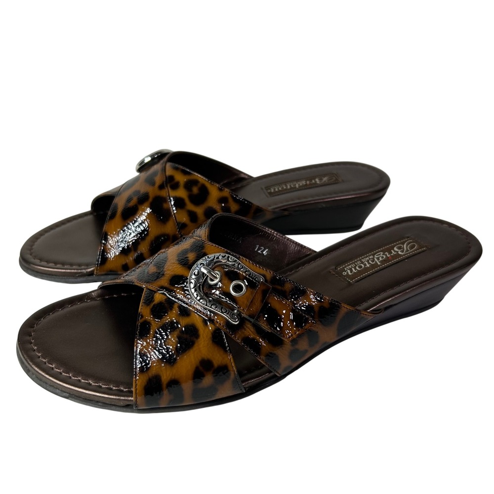 Brighton Lorna Leopard Leather Slide Sandals Brown Silver Buckle 7.5M Italy